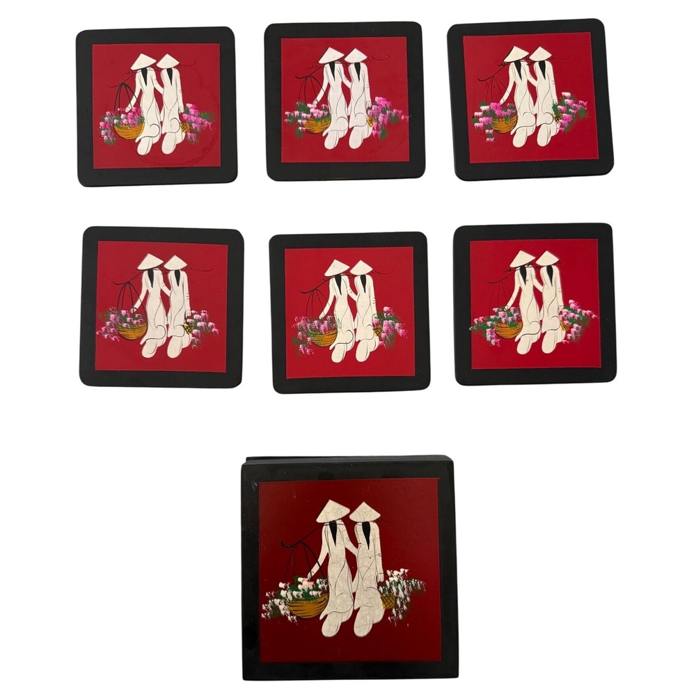 Vintage Vietnamese Lacquer Coaster Set w/ Box –‎ Hand-Painted Áo Dài Art